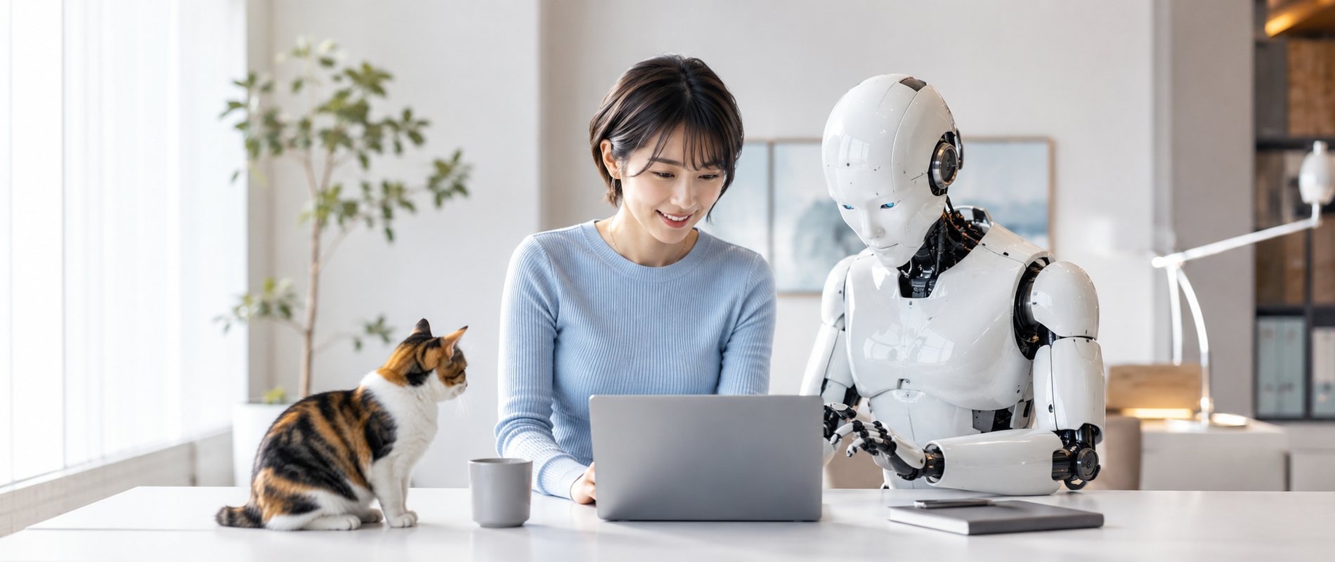 明るいオフィスで、女性とヒューマノイドロボットが同じノートPCの画面を見ながら働き、傍らで三毛猫が見守っている