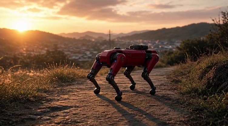 夕暮れの屋外を歩く四足歩行ロボット
