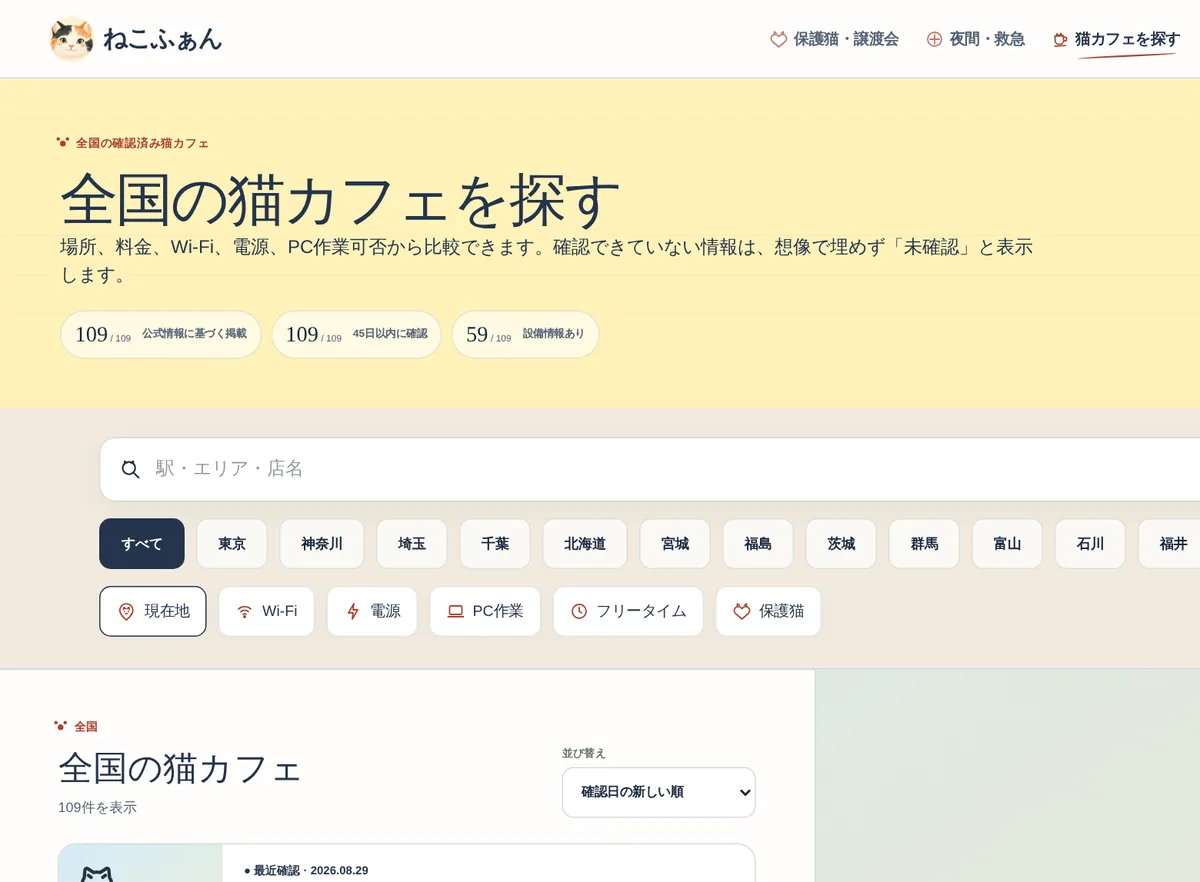 ねこふぁんの猫カフェ検索画面。エリアとWi-Fi・電源・PC作業などの条件で絞り込める